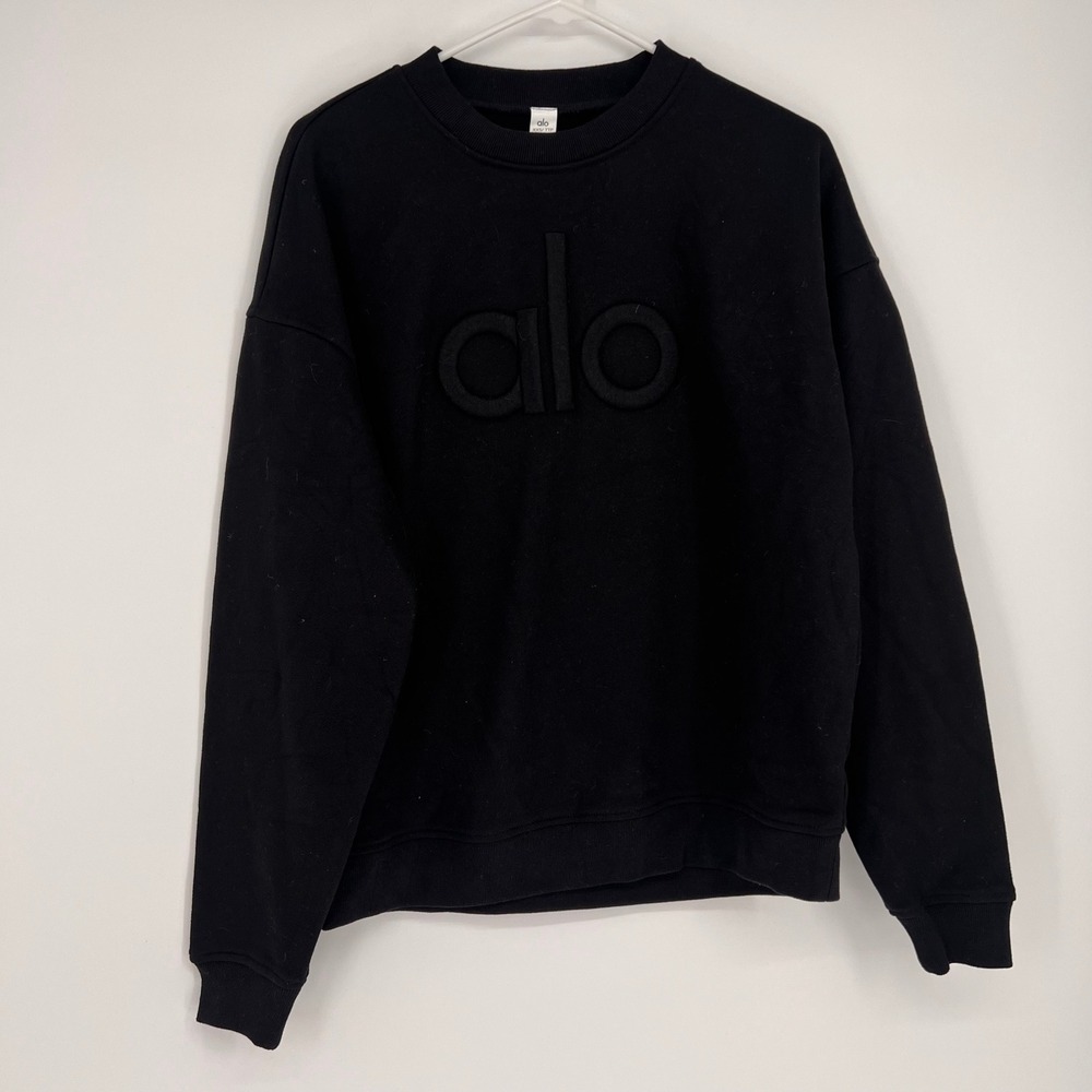 Alo Yoga Sweatshirt Size 2XS Black Fleece Lined Embossed Logo Crew Neck Pullover
